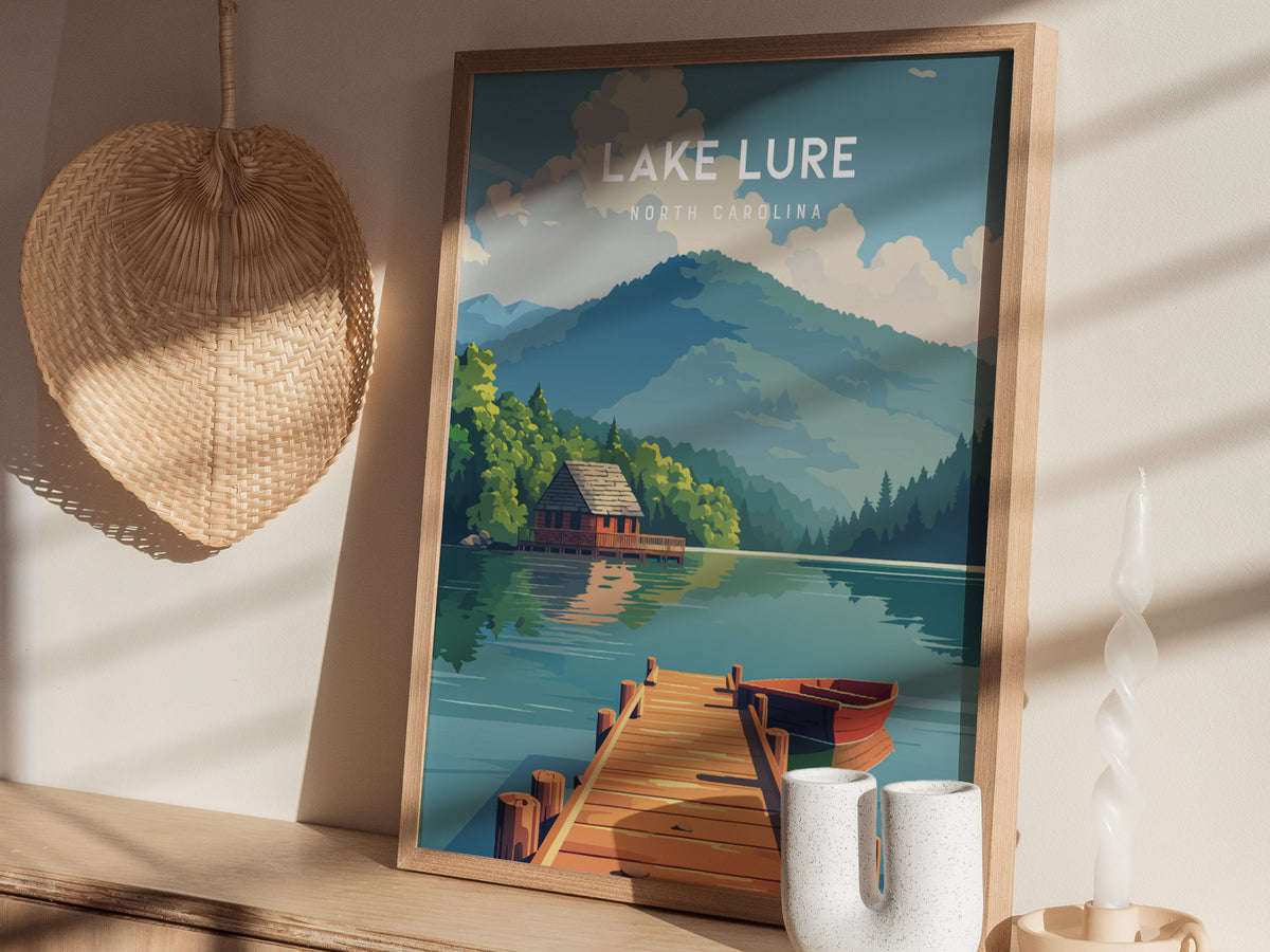 Lake Lure, North Carolina Poster | Mountain Lake Destination Print Wall Art — styled in a modern interior