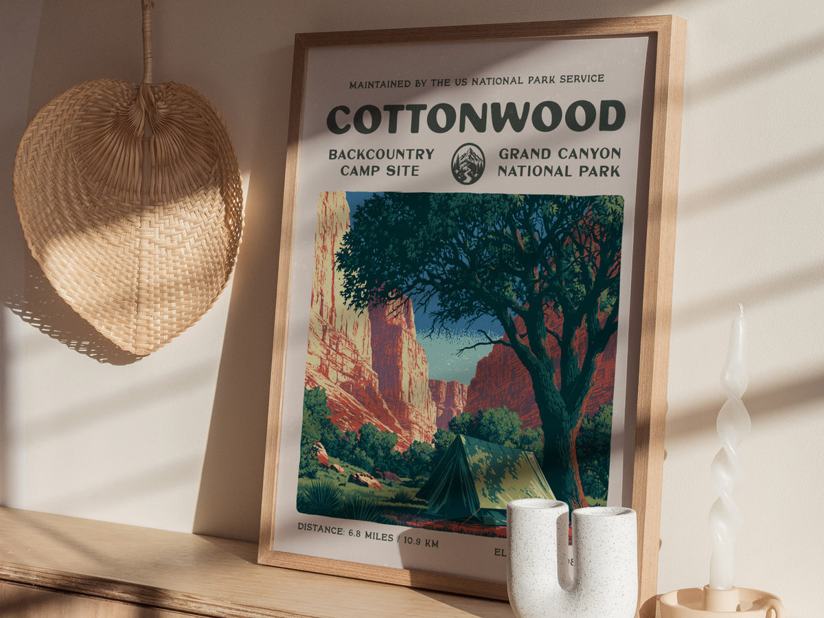 Cottonwood Camp, Grand Canyon National Park Poster | Camper Gift | Backcountry Canyon Trail Wall Art — styled in a modern int