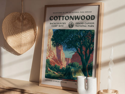 Cottonwood Camp, Grand Canyon National Park Poster | Camper Gift | Backcountry Canyon Trail Wall Art — styled in a modern int