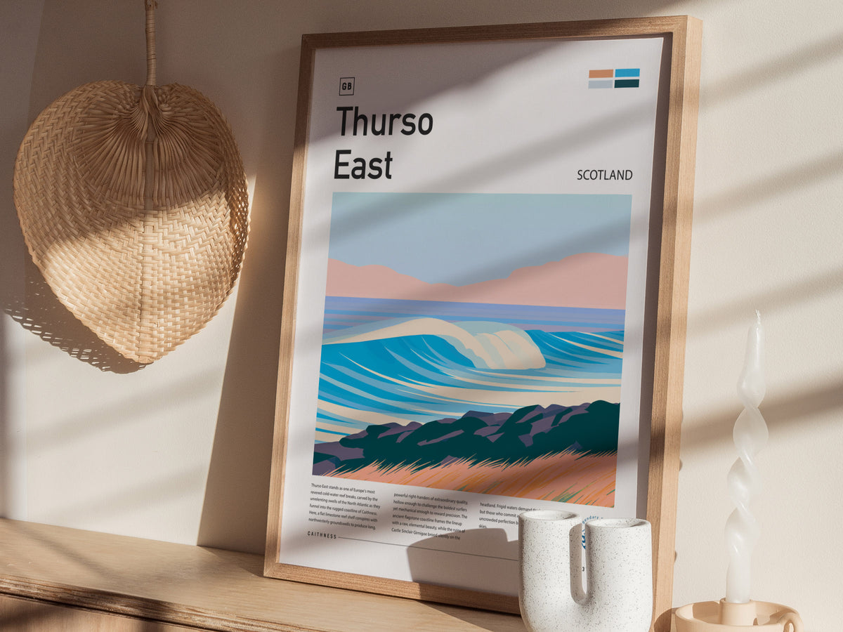Thurso East, Scotland Poster | Highland Surf Destination Print Wall Art — styled in a modern interior