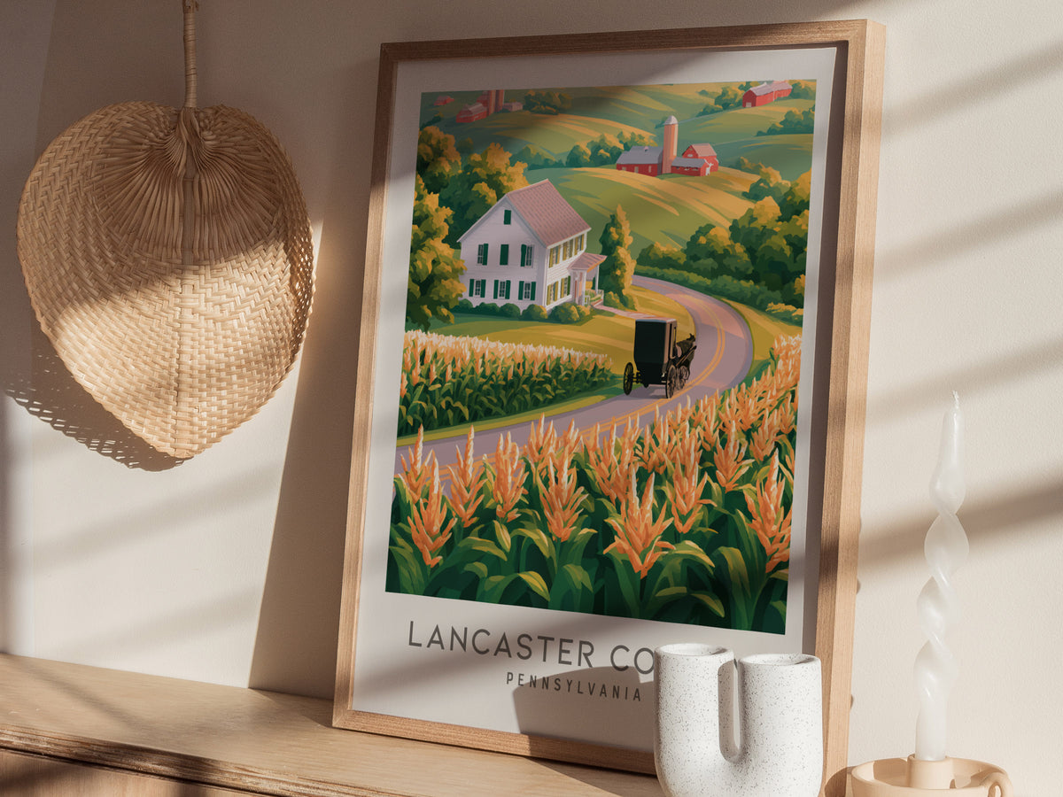 Lancaster County Matte Border Poster | Pennsylvania Destination Print Travel Wall Art — styled in a modern interior