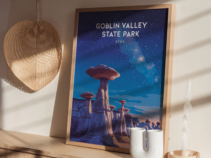 Goblin Valley State Park, Utah Poster | Desert Adventure Framed or Unframed Wall Art — styled in a modern interior