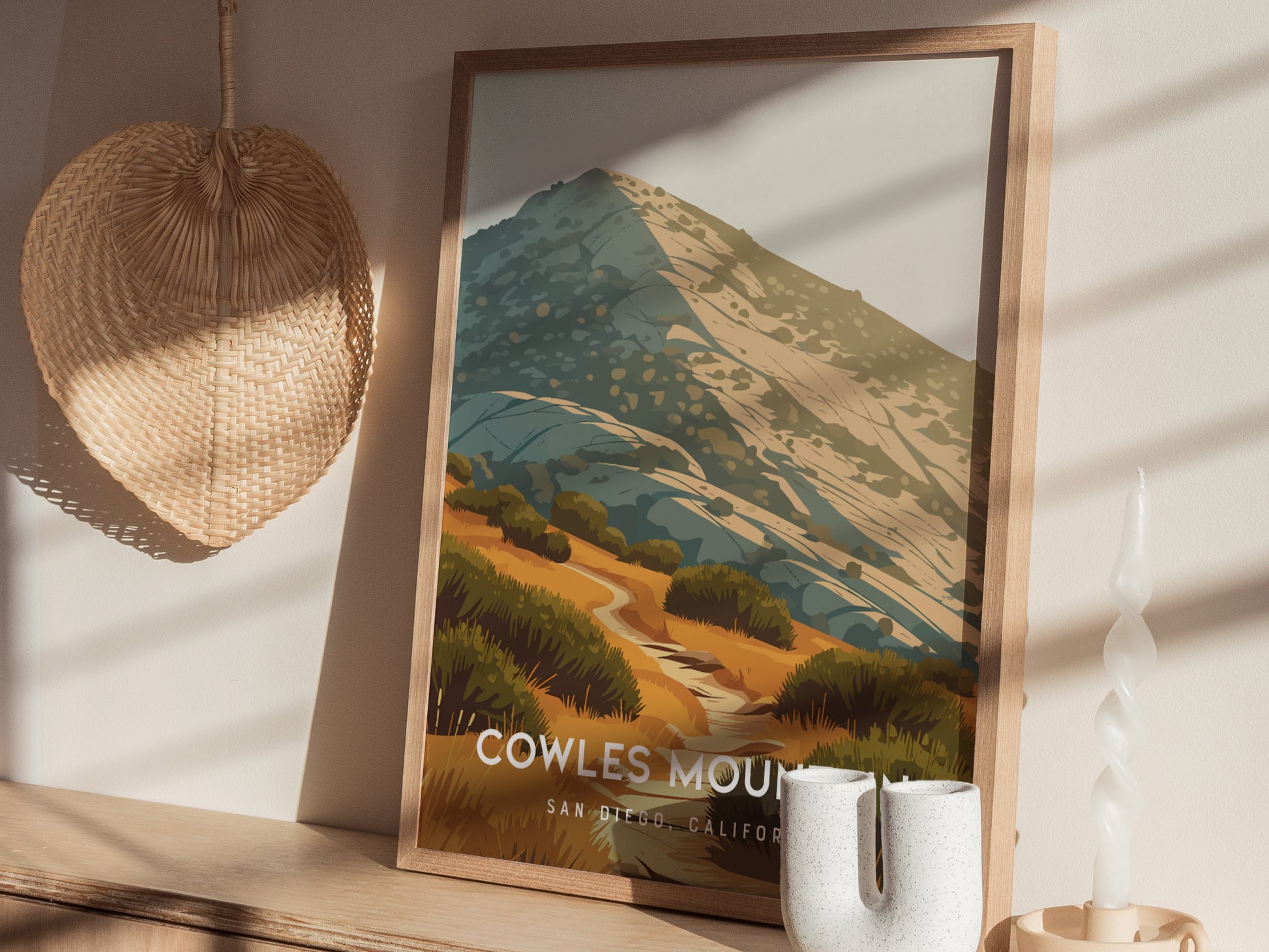 Cowles Mountain, San Diego Poster | Golden Summit Trail Panorama Wall Art — styled in a modern interior