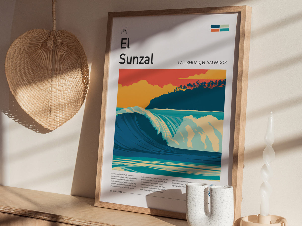 El Sunzal, La Libertad, El Salvador Poster | Tropical Surf Wall Art — styled in a modern interior