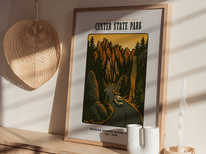 Custer State Park Vintage Poster – Needles Highway, South Dakota Print, Scenic Drive Art, Framed or Unframed, Great Gift for Travelers - Swell Scenes