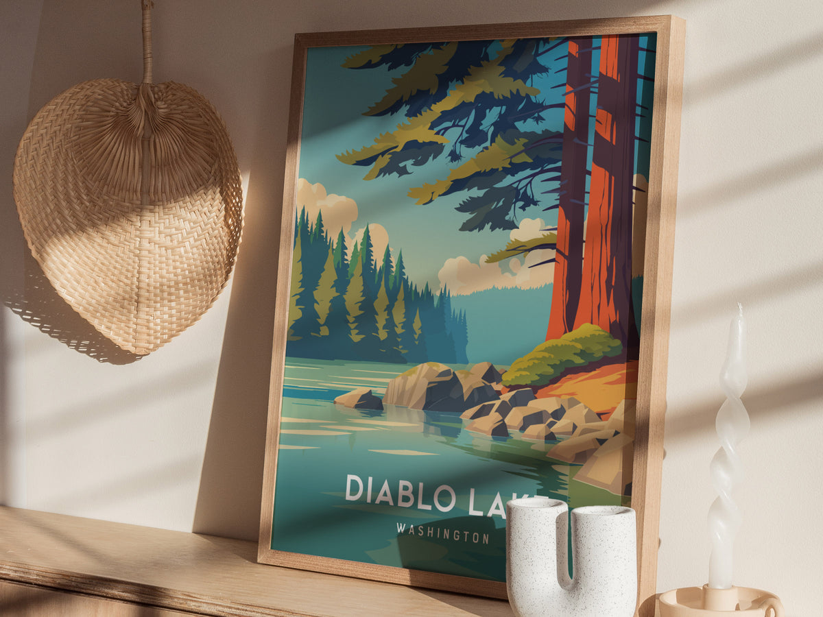 Diablo Lake, Washington Poster | Alpine Wilderness Destination Print Wall Art — styled in a modern interior