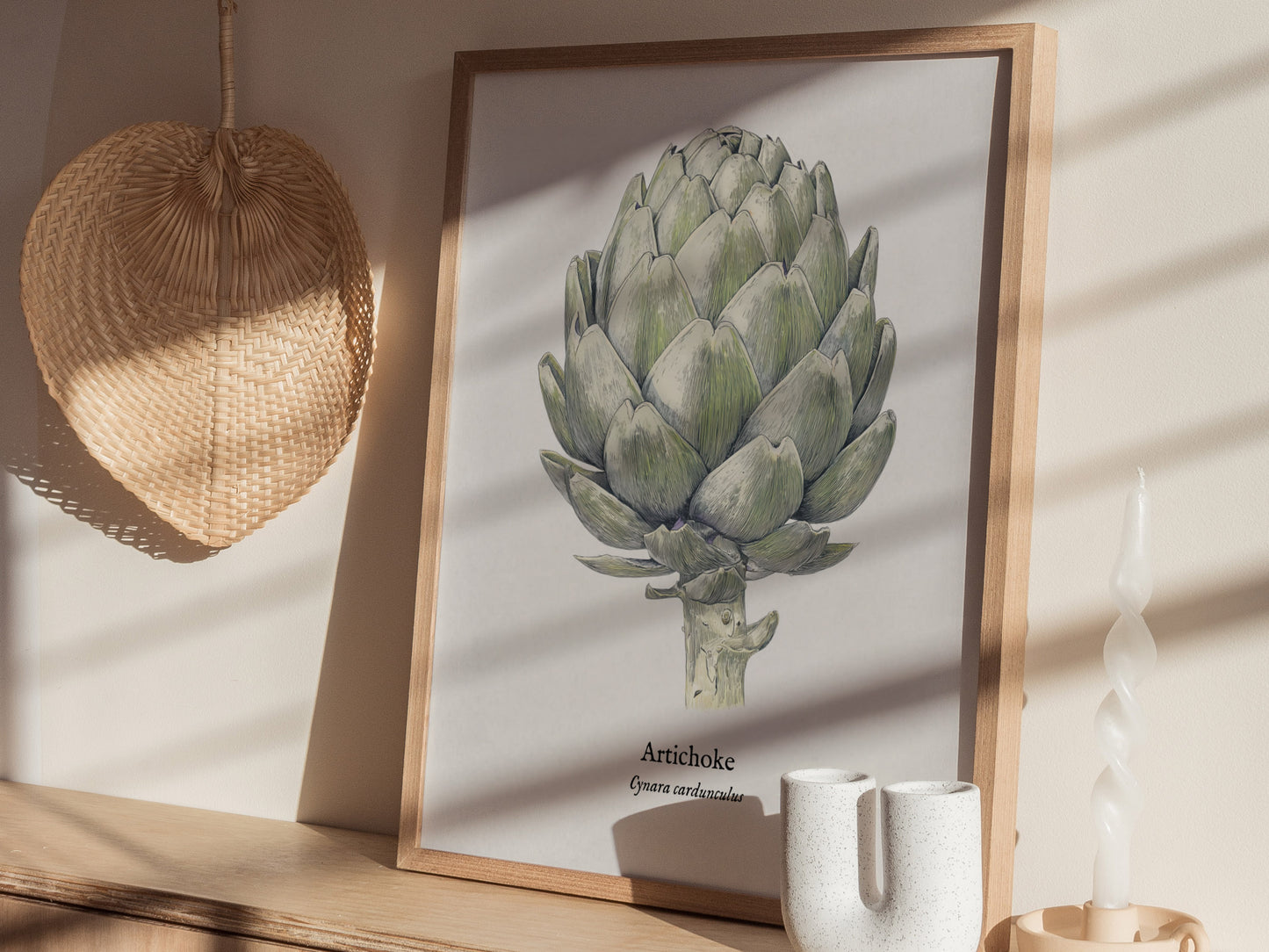 Artichoke Poster | Vintage Cynara Cardunculus Botanical Illustration Wall Art — styled in a modern interior