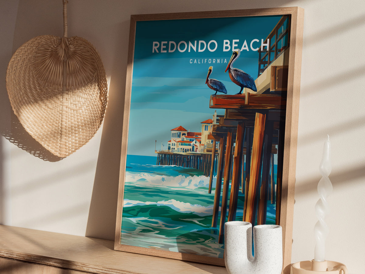 Redondo Beach, California Poster | Sun-Kissed Pier & Sailboat Wall Art — styled in a modern interior