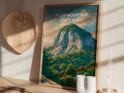 Pilot Mountain State Park, Pinnacle, North Carolina Poster | Rugged Peak & Forest Travel Wall Art — styled in a modern interi