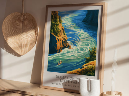 Deception Pass State Park Matte Border Poster | Whidbey Island, Washington Coastal Beach Decor — styled in a modern interior