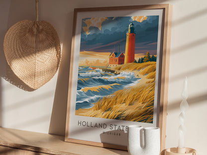 Holland State Park Matte Border Poster | Michigan Travel Wall Art — styled in a modern interior