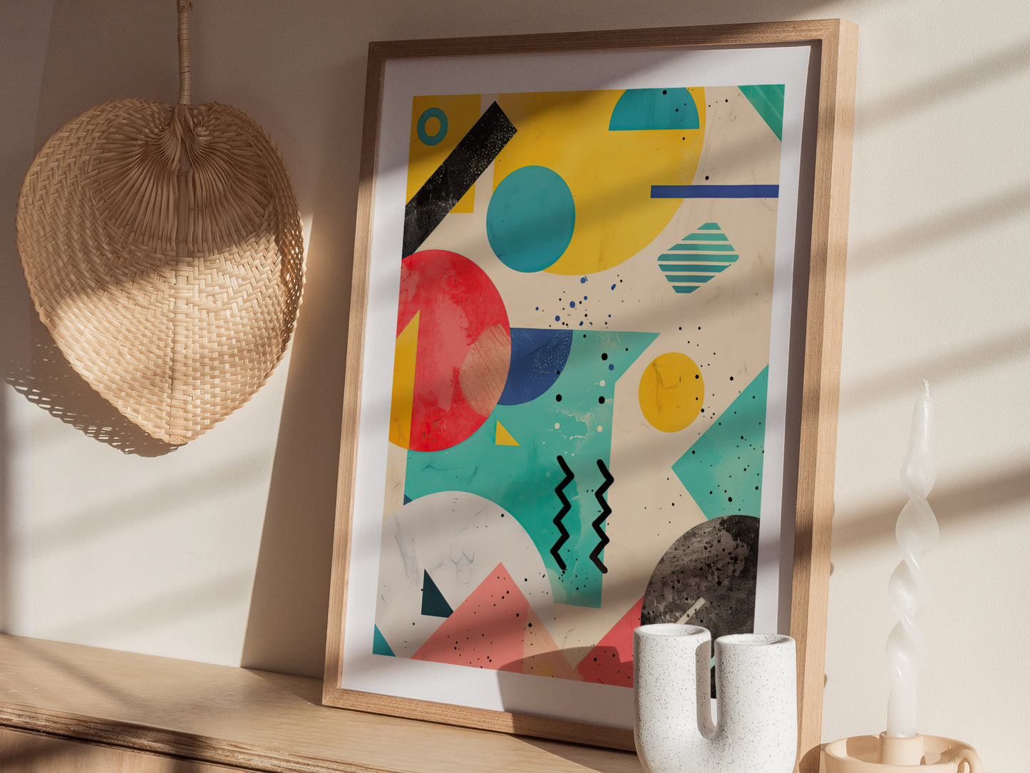 A framed poster with bold geometric shapes and vibrant colors leans against a wall, accompanied by a wicker fan, ceramic vase, and twisted candle on a wooden shelf.