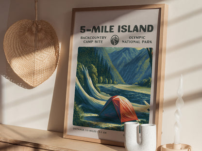 5-Mile Island, Olympic National Park Poster | Hiker Gift | Rainforest River Backcountry Wall Art — styled in a modern interio