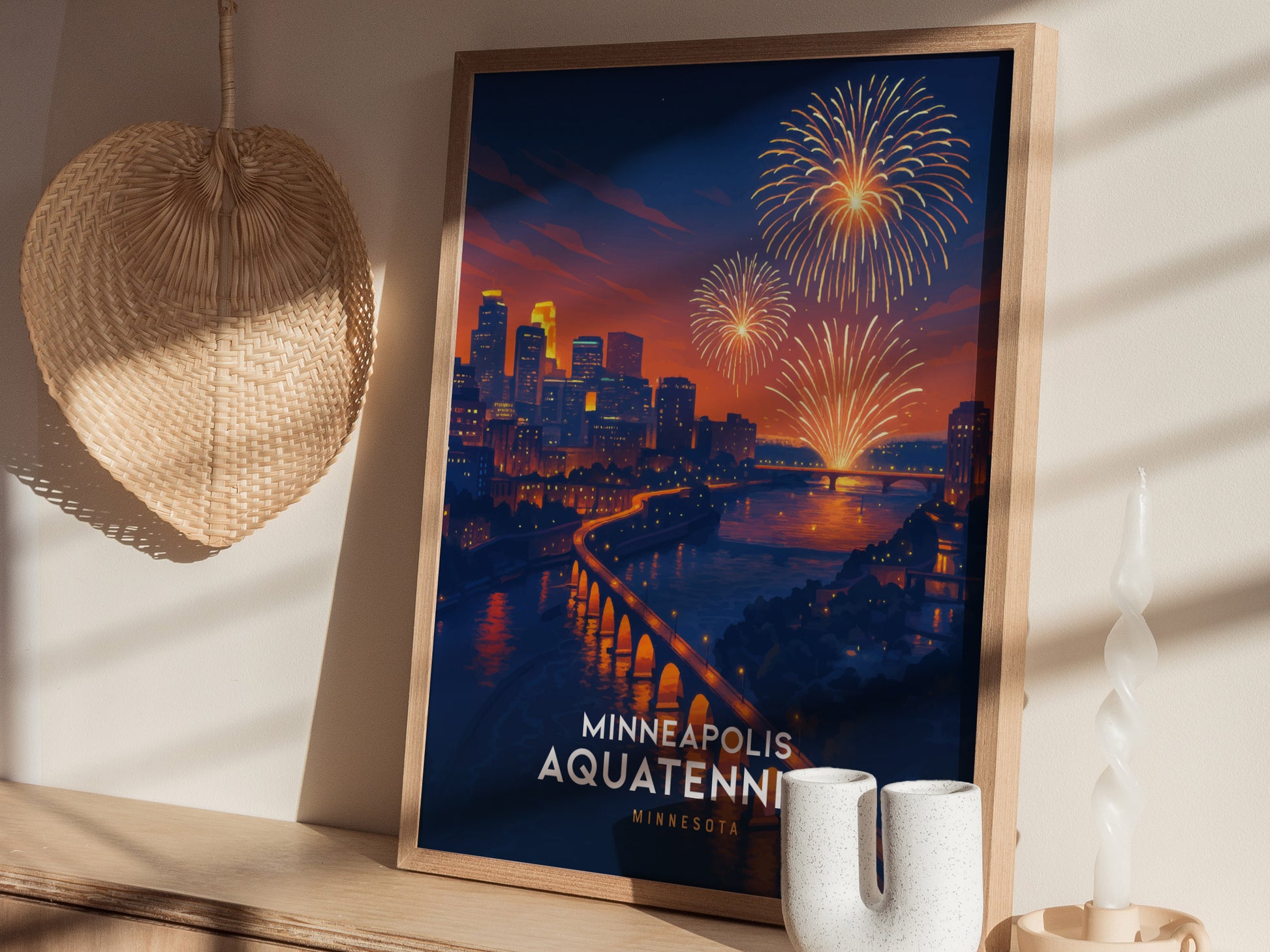 Minneapolis Aquatennial Poster | Stone Arch Bridge Fireworks Art