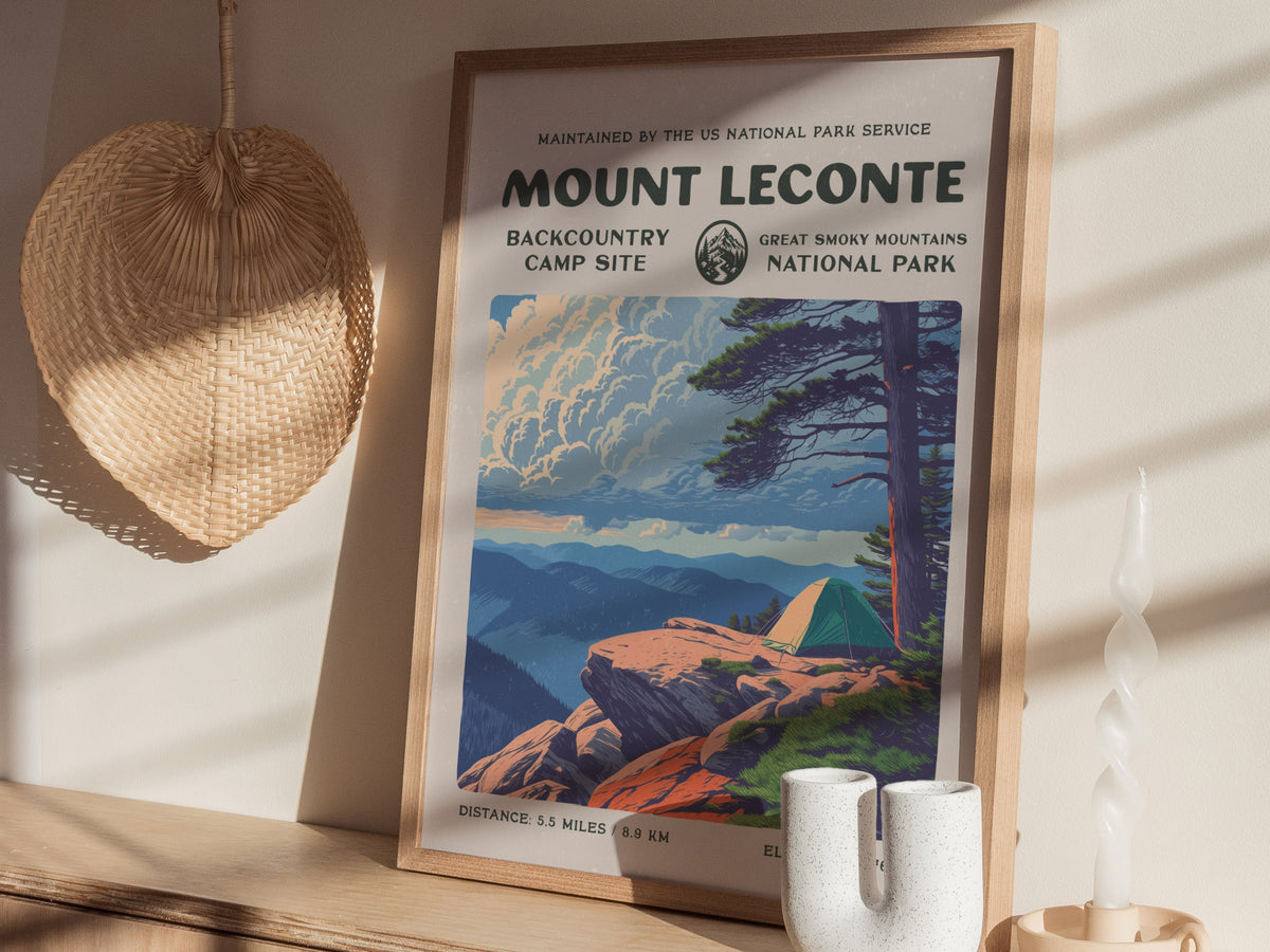 Mount LeConte, Great Smoky Mountains National Park Poster | Hiker Gift | Backcountry Trail Wall Art — styled in a modern inte