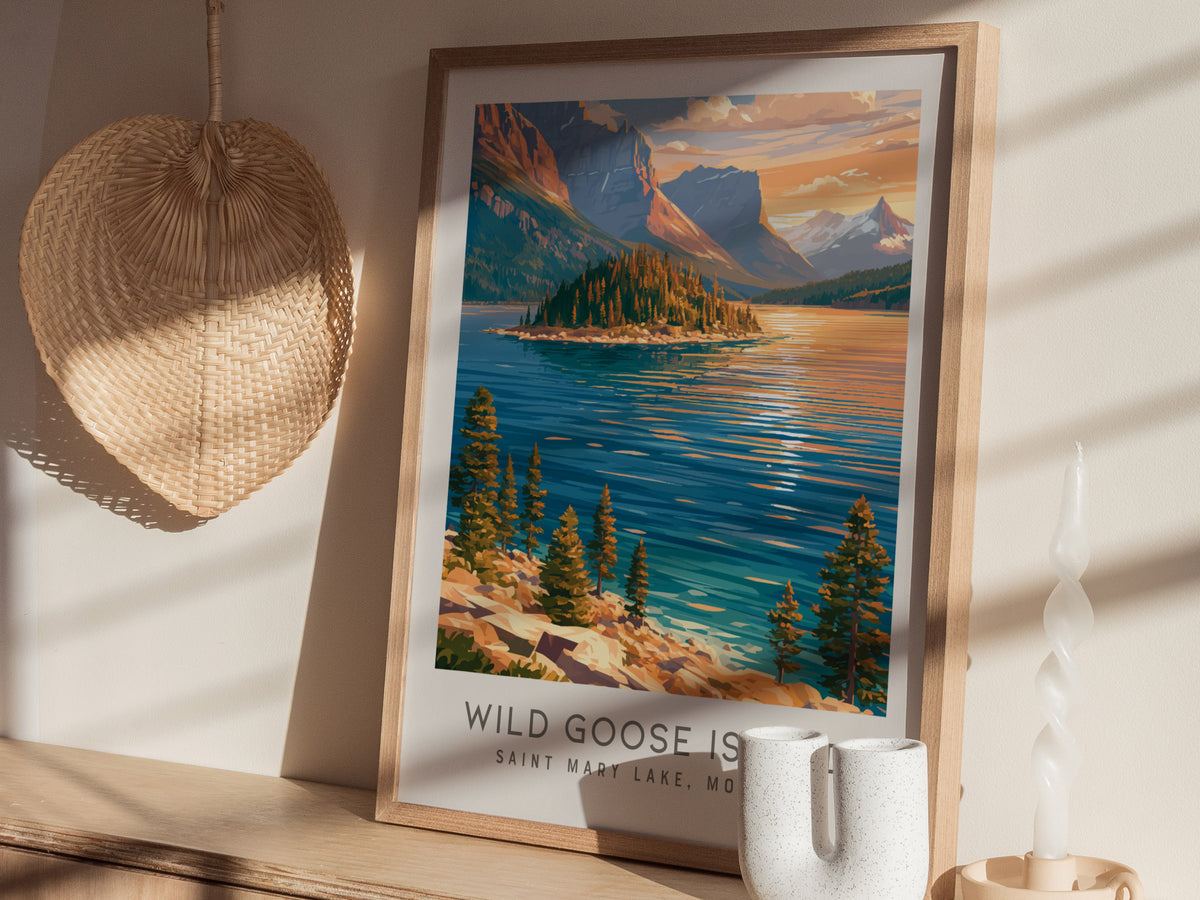 Wild Goose Island Matte Border Poster | Saint Mary Lake, Montana Travel Wall Art — styled in a modern interior