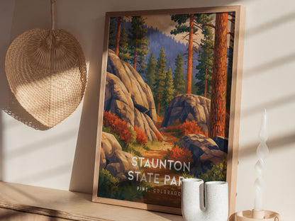 Staunton State Park, Pine, Colorado Poster | Rocky Mountain Trail Adventure Wall Art — styled in a modern interior