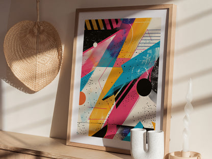 A framed 1980s style poster features vibrant geometric shapes in pink, yellow, and blue. It sits on a wooden surface beside a woven wall decoration and a spiral candle.