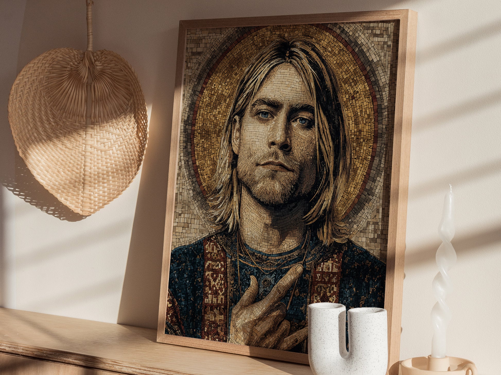 A beautifully framed mosaic portrait of a man with long hair, set against a warm, golden halo. The artwork is displayed on a light wooden shelf, accompanied by minimalist decor items, including a textured pendant lamp and two candles.