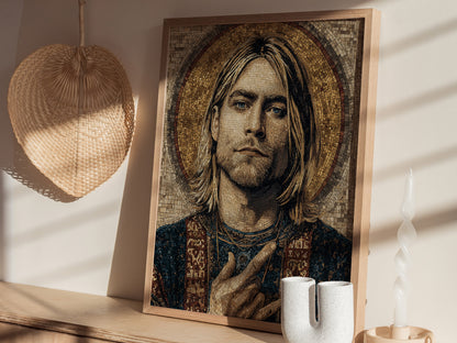 A beautifully framed mosaic portrait of a man with long hair, set against a warm, golden halo. The artwork is displayed on a light wooden shelf, accompanied by minimalist decor items, including a textured pendant lamp and two candles.