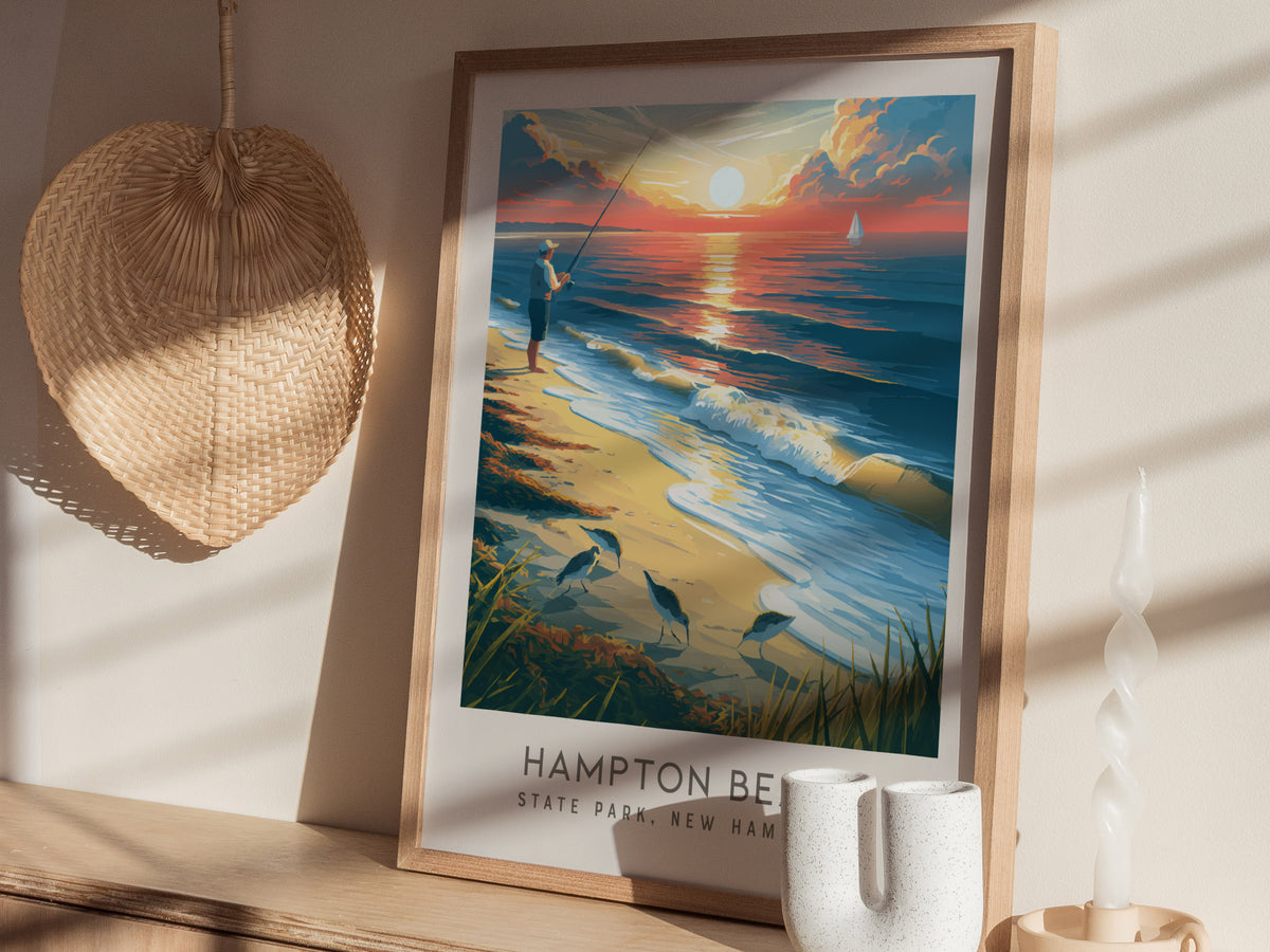 Hampton Beach Matte Border Poster | State Park, New Hampshire Coastal Beach Decor — styled in a modern interior