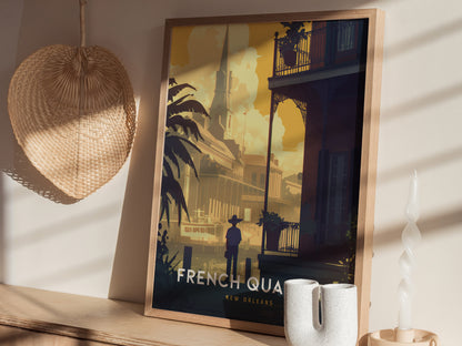 A framed poster of the French Quarter in New Orleans rests on a shelf, alongside a woven fan and decorative candle. Warm light casts shadows on the wall.