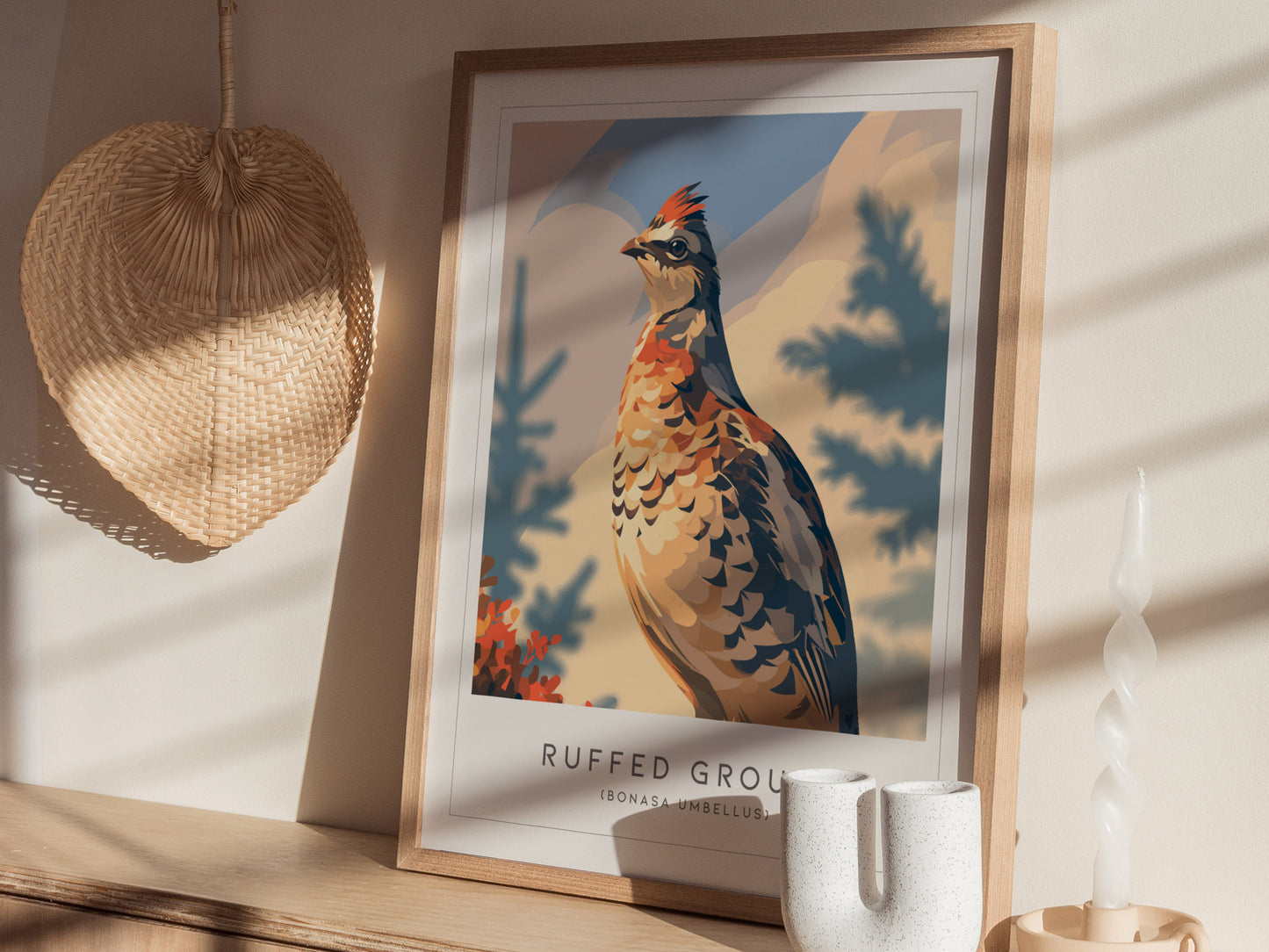 Ruffed Grouse Poster | Woodland Bird in Autumn Forest Wall Art — styled in a modern interior