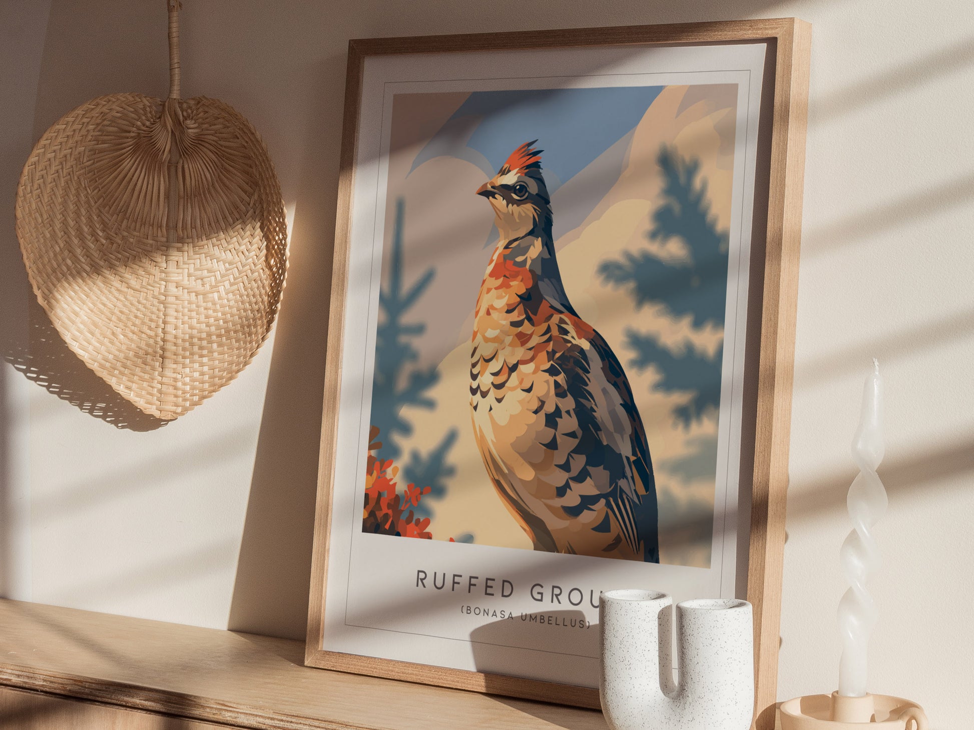 Ruffed Grouse Poster | Woodland Bird in Autumn Forest Wall Art — styled in a modern interior
