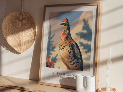 Ruffed Grouse Poster | Woodland Bird in Autumn Forest Wall Art — styled in a modern interior