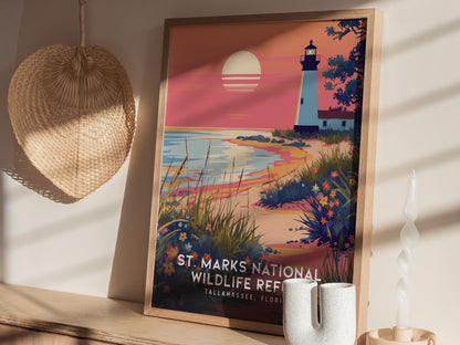 A framed poster of St. Marks National Wildlife Refuge features a sunset, lighthouse, and wildflowers. Its displayed on a wooden surface with a woven basket and decorative objects nearby.