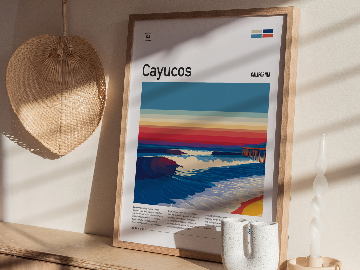 Cayucos, California Poster | Sun-Soaked Surf Town Coastal Wall Art — styled in a modern interior