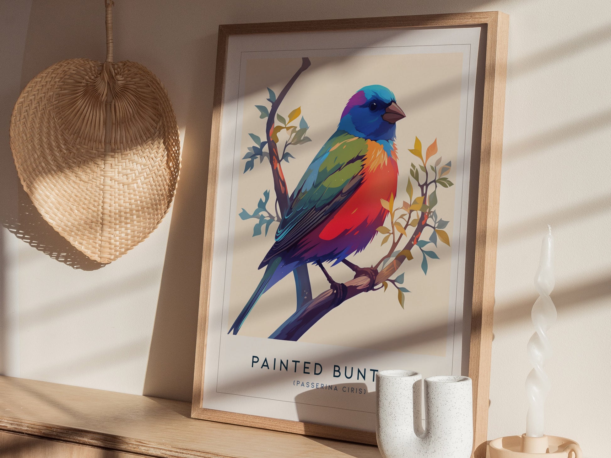 A colorful art print of a painted bunting bird perched on a branch is displayed in a light-filled room. The print features vibrant hues of blue, green, red, and yellow, framed in a natural wood frame.