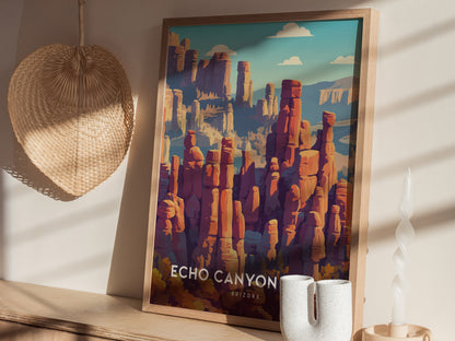 A vibrant poster of Echo Canyon in Arizona features towering red rock formations under a blue sky with fluffy clouds.