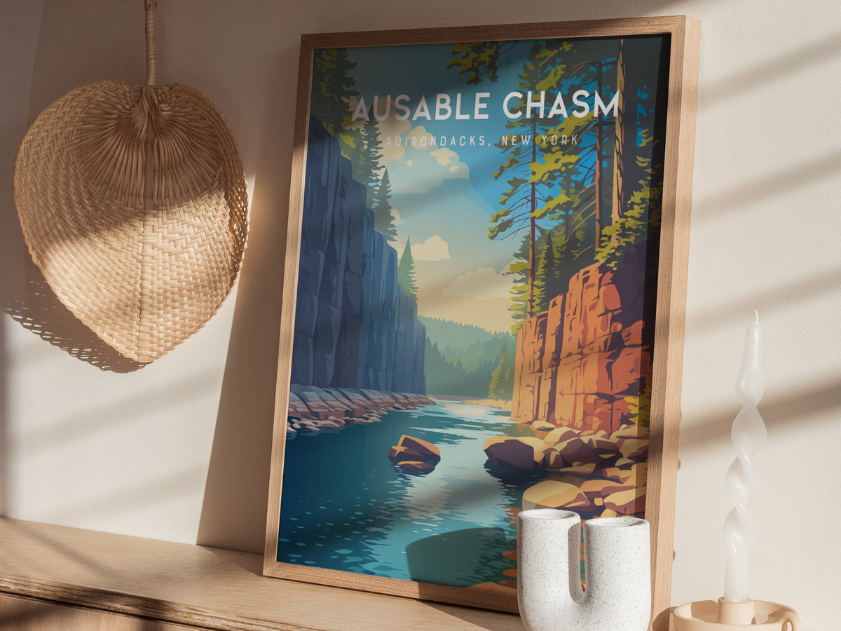 Ausable Chasm, Adirondacks, New York Poster | Gorge & Waterfall Vacation Wall Art — styled in a modern interior