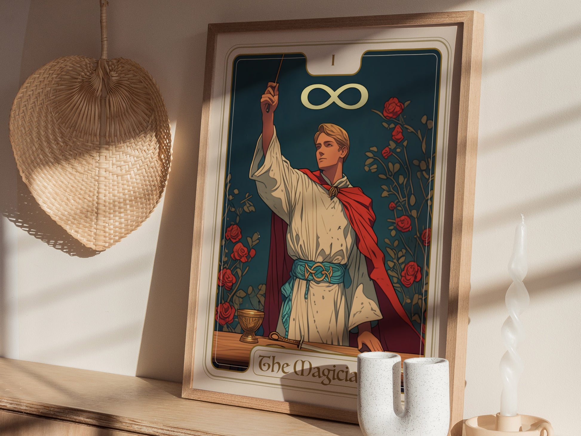 A framed tarot card poster titled The Magician features a figure with a wand and an infinity symbol, surrounded by roses.