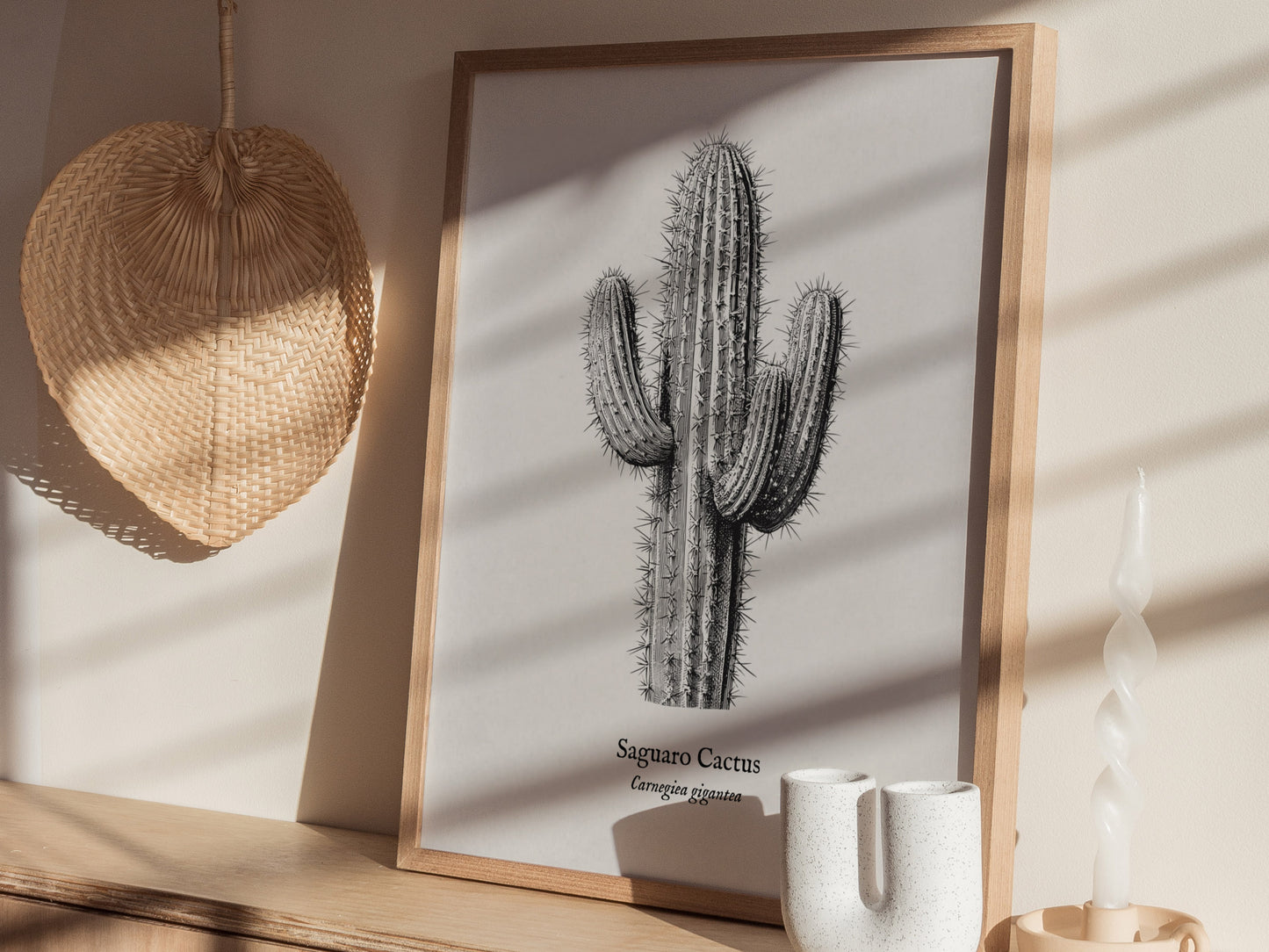 Saguaro Cactus Poster | Vintage Carnegiea gigantea Botanical Illustration Wall Art — styled in a modern interior