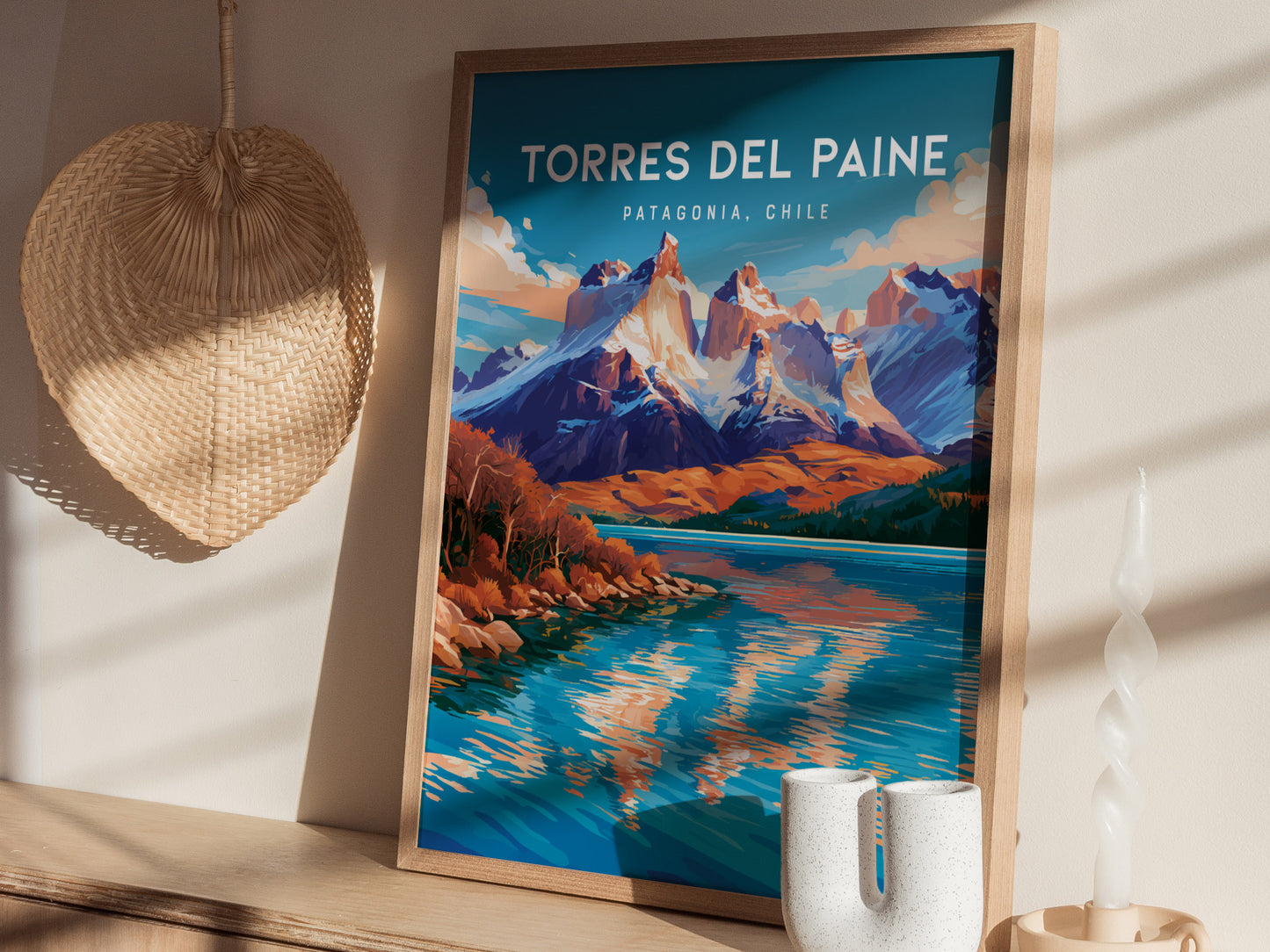 Torres del Paine, Patagonia Poster | Granite Peaks & Glacial Lake Wall Art — styled in a modern interior