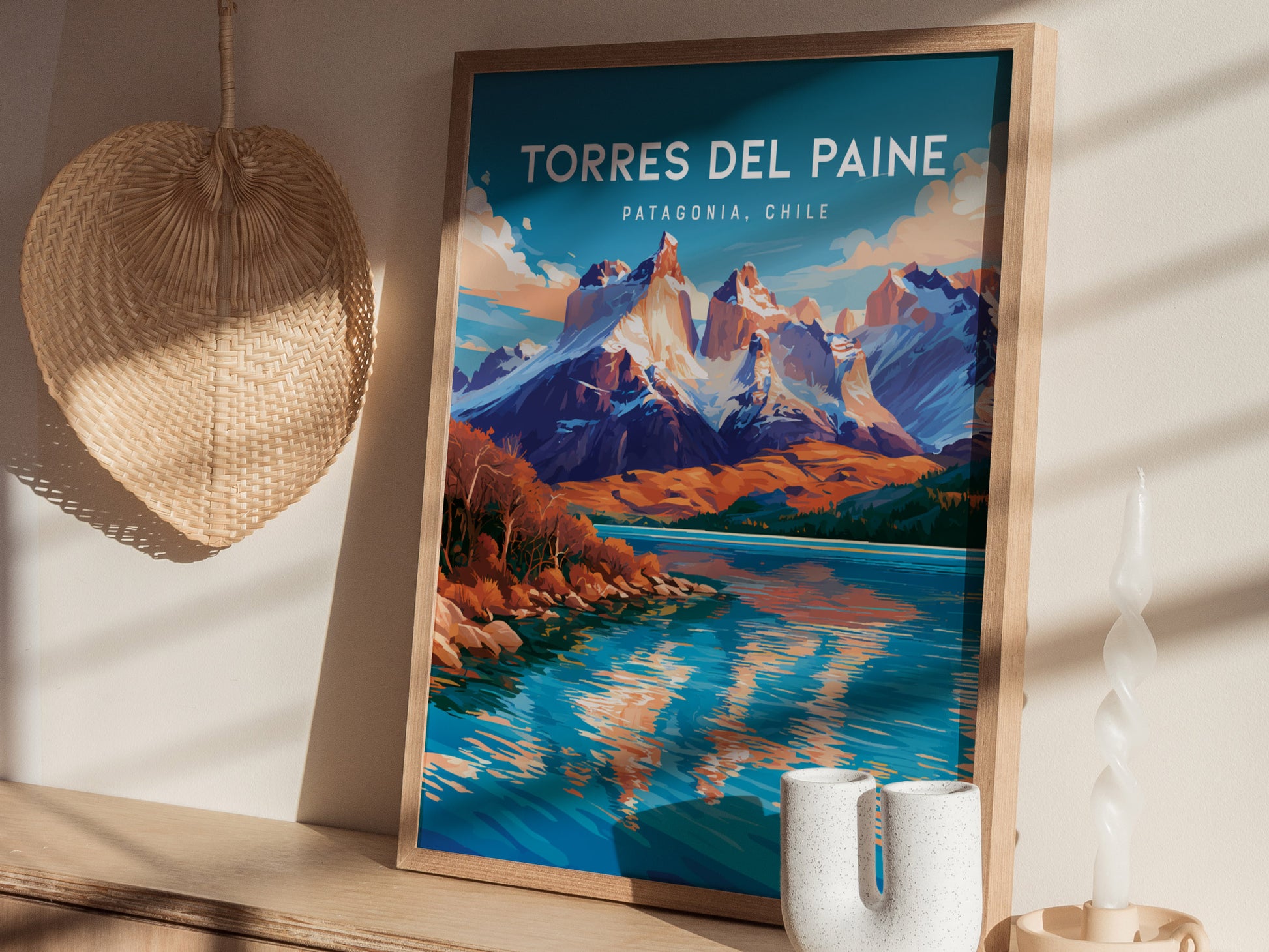 Torres del Paine, Patagonia Poster | Granite Peaks & Glacial Lake Wall Art — styled in a modern interior