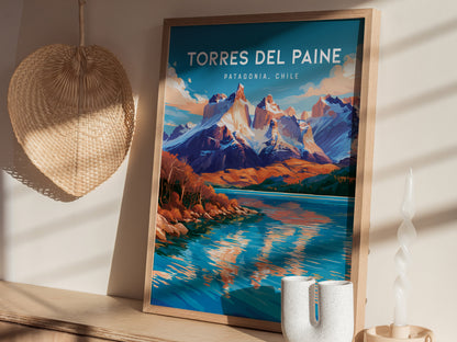 Torres del Paine, Patagonia Poster | Granite Peaks & Glacial Lake Wall Art — styled in a modern interior