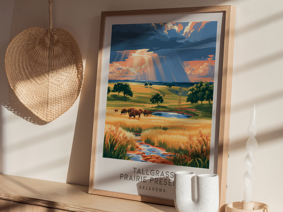 Tallgrass Prairie Preserve Matte Border Poster | Oklahoma Destination Print Travel Wall Art — styled in a modern interior