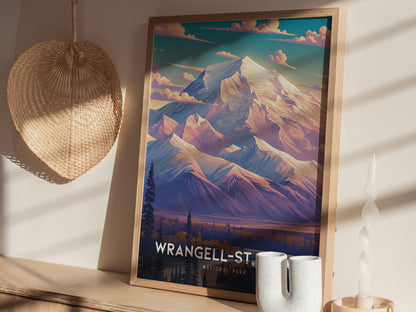 A framed poster of Wrangell-St. Elias National Park featuring vibrant mountain peaks leans against a wall. Nearby, a woven fan and decorative items are illuminated by sunlight.
