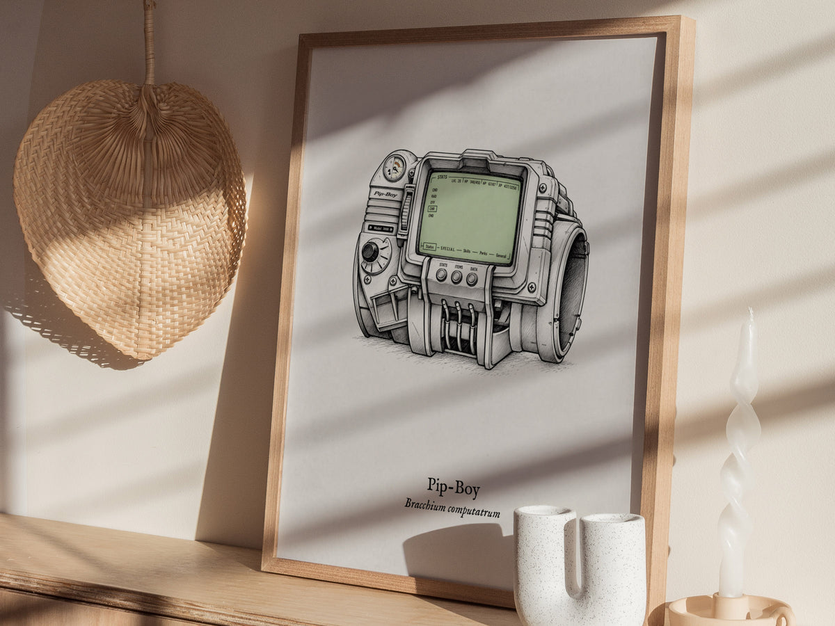 Pip-Boy Poster | Bracchium Computatrum Vintage Scientific Ink Illustration Wall Art — styled in a modern interior