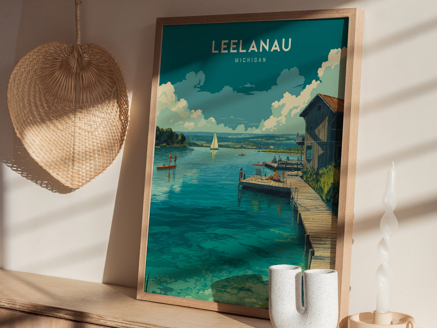 Leelanau Michigan Lake Poster | Rustic Dock Sailboat Wall Art