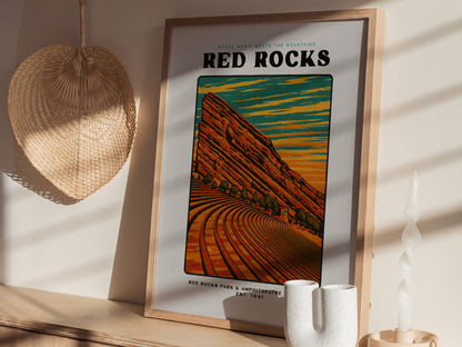 Red Rocks Amphitheatre Poster | Vintage Colorado Block Print Art