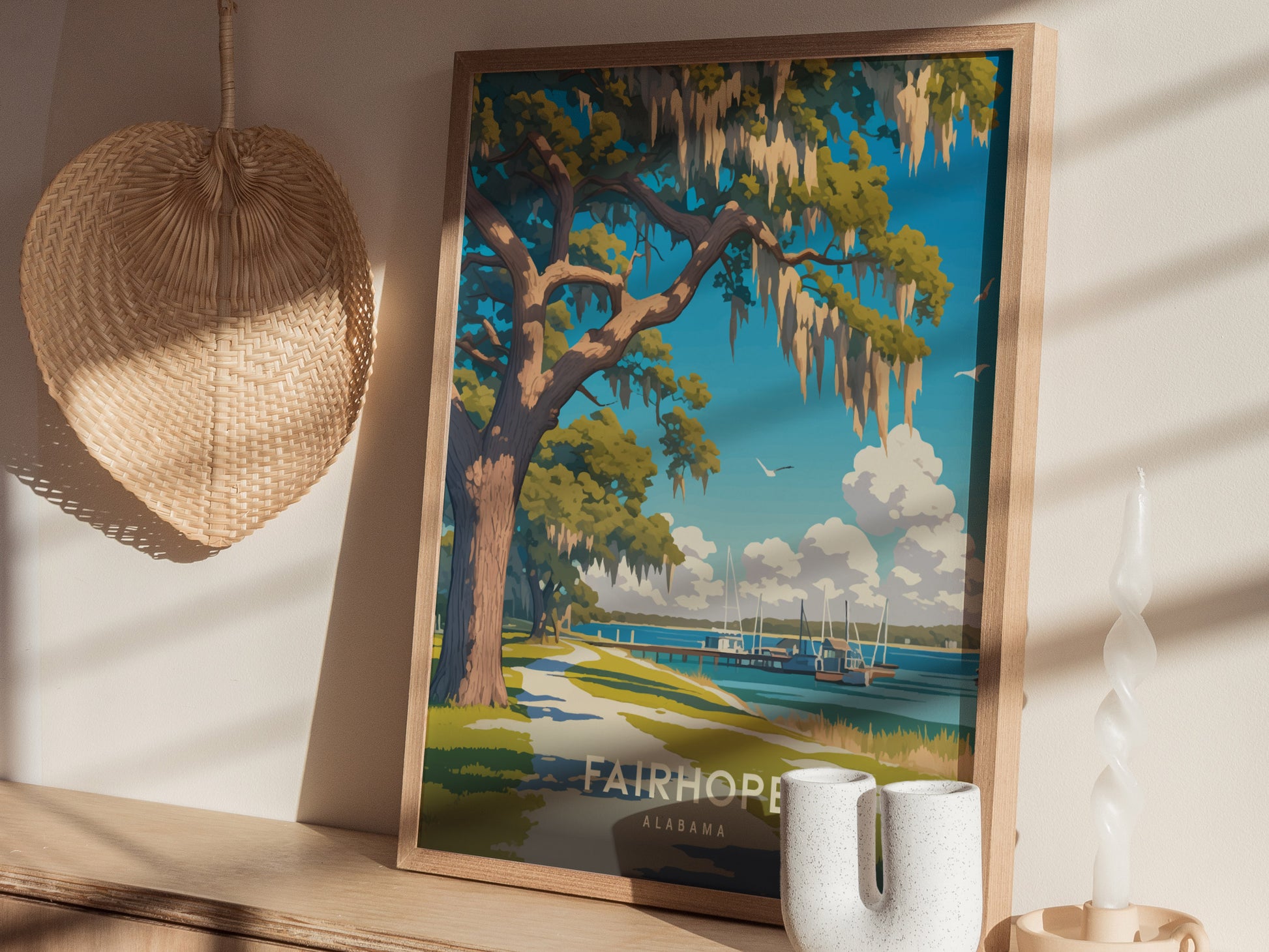 A framed art print of Fairhope, Alabama, shows a scenic view with a Southern live oak tree and Mobile Bay. The print is placed on a wooden shelf beside decorative.