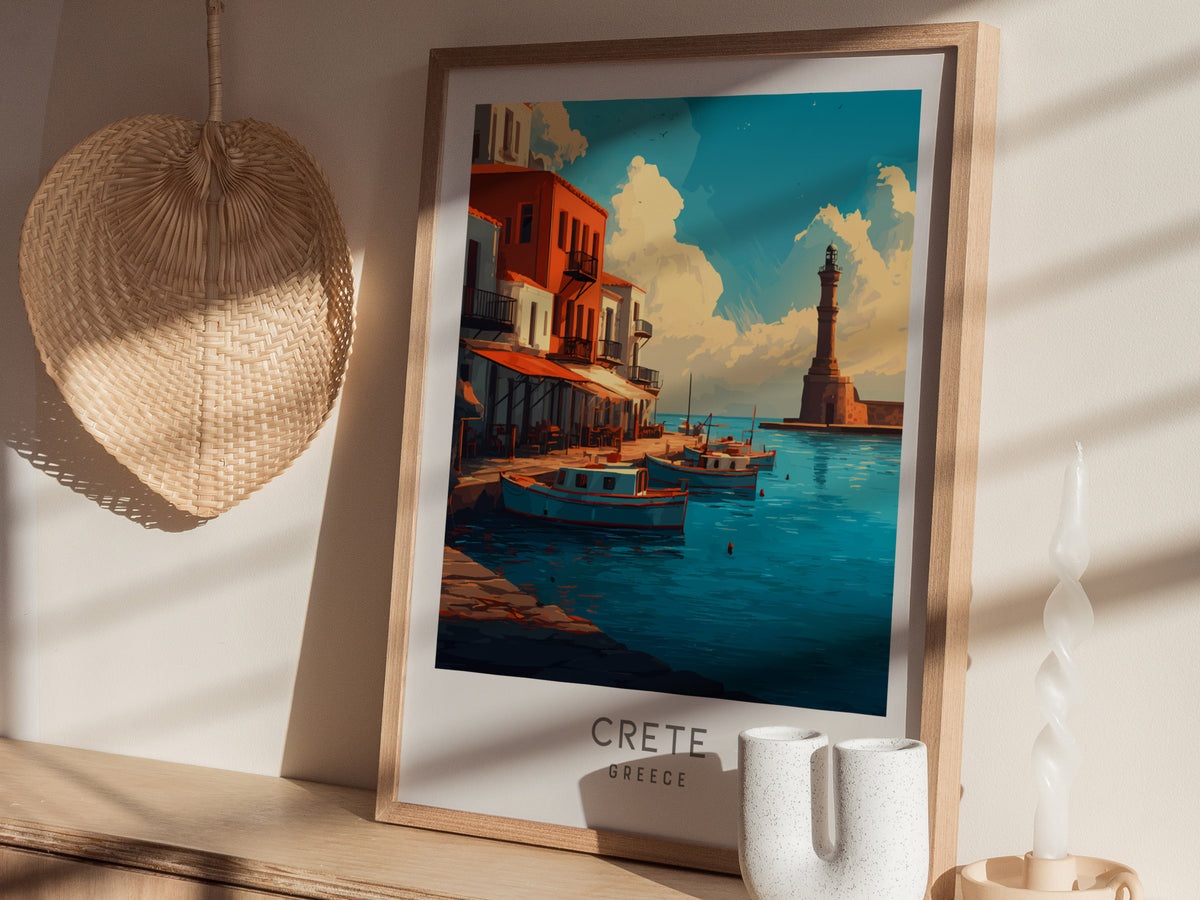 Crete Matte Border Poster | Greece Coastal Beach Decor Travel Wall Art — styled in a modern interior