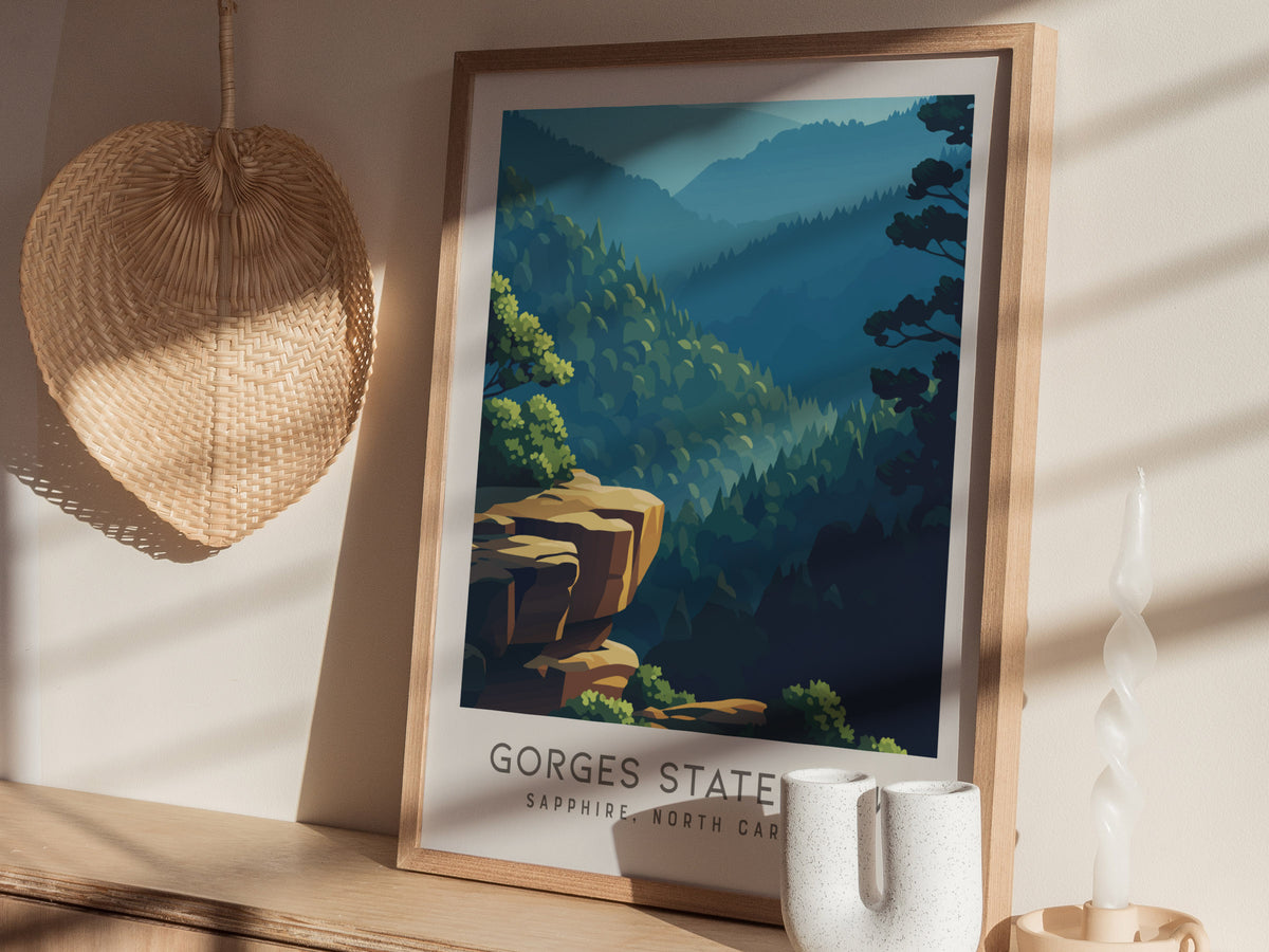 Gorges State Park Matte Border Poster | Sapphire, North Carolina Destination Print — styled in a modern interior