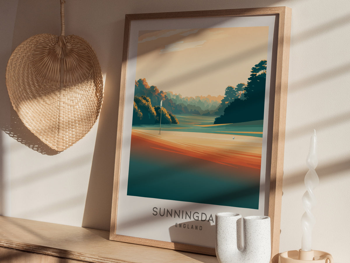 Sunningdale Matte Border Poster | England Golf Course Print & Country Club Decor — styled in a modern interior