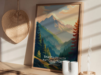 Shasta-Trinity National Forest, California Poster | Mountain Wilderness & Alpine Lake Wall Art — styled in a modern interior