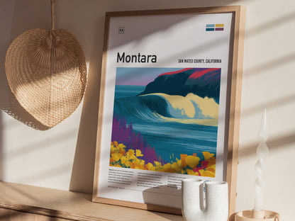 Montara, San Mateo County, California Poster | Misty Cliffs & Surf Break Coastal Poster — styled in a modern interior